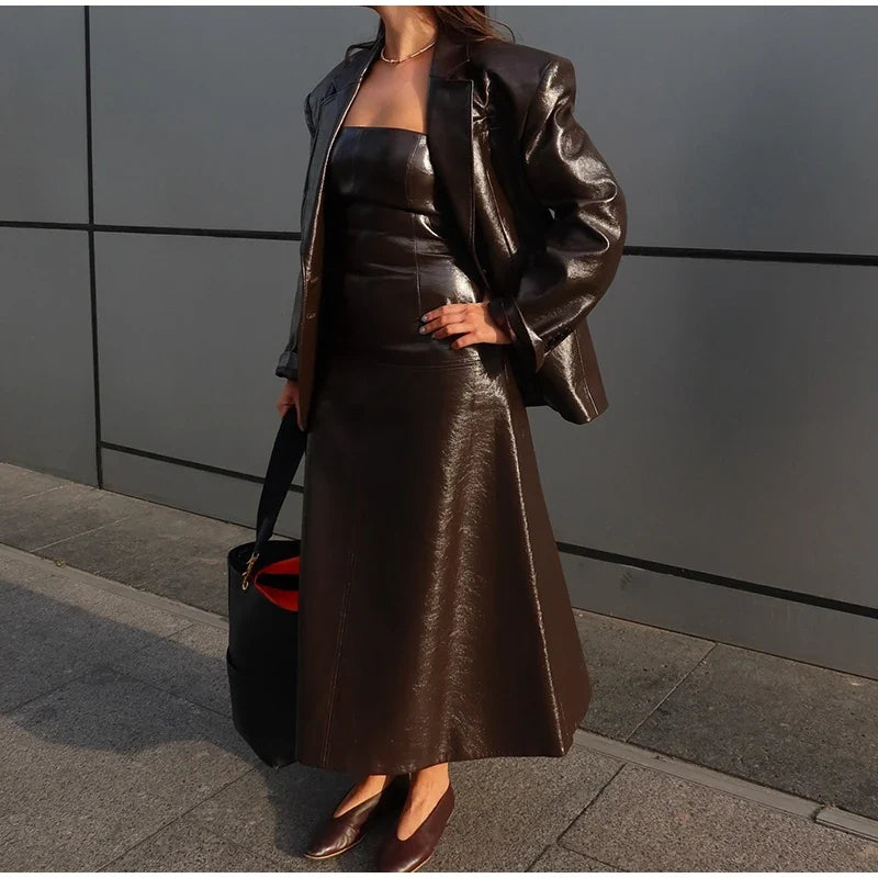 PU Leather Tube Dresses Suit Coat Women's Set Vintage Solid Slim Fit Long Dress Lapel Jackets Sets Female Chic Street Outfits