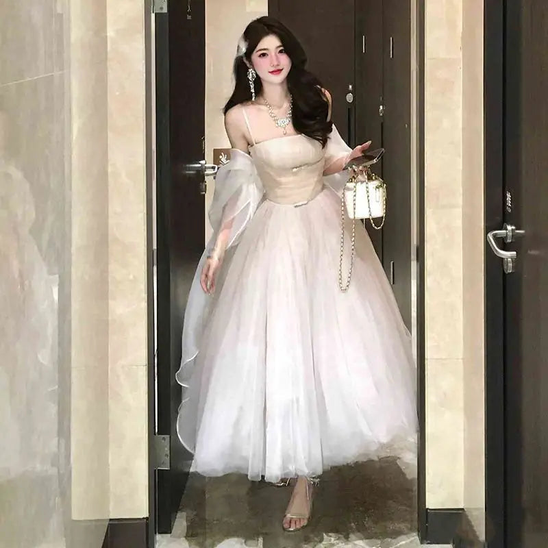 High-Grade Wear Waist Trimming Lace up Suspenders Dress Beautiful Long