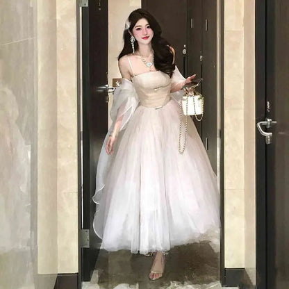 High-Grade Wear Waist Trimming Lace up Suspenders Dress Beautiful Long