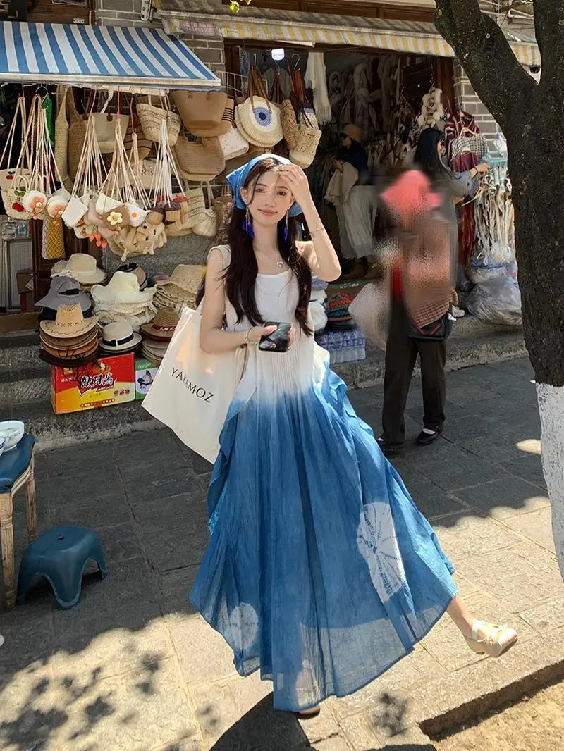 Holiday Style Tie Dyeing Blue Strap Camsiole Dress Summer Ethnic Style Temperament Sleevleess A-line Beach Long Dress for Women