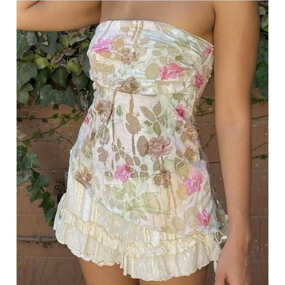 Women's Y2K Aesthetic Tube Tops Strapless Backless Vest Flower Print Summer Ladies Clubwear Slim Camisoles for Party