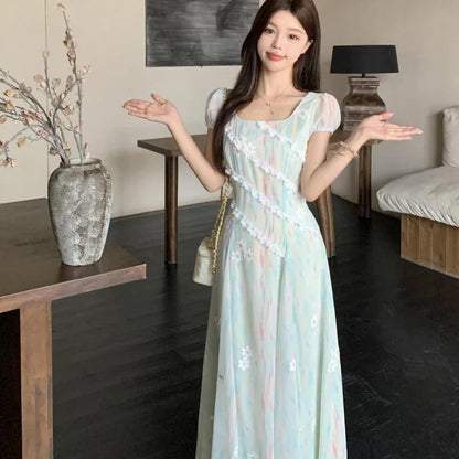 French High-Grade Sweet Dress Women's New Summer Fashion Chic Print Slim Medium Length Pear Shape Evening Dresses