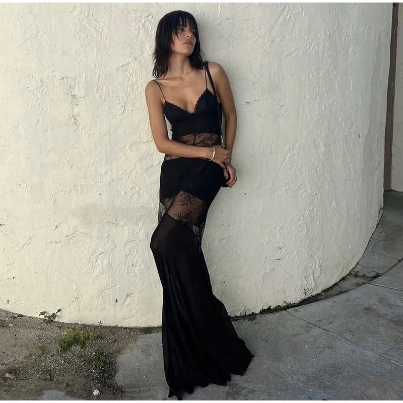 Halter Choker Neck Lace Chevron Panel Sheer Maxi Gown