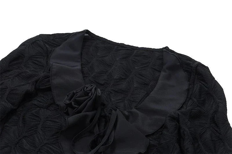 Y2K Irregular Black Shirts Women Harajuku Sexy Cropped Ruffles Flower Blouses Summer Gyaru Gothic Lace Up Long Sleeve Tops New