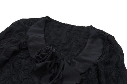 Y2K Irregular Black Shirts Women Harajuku Sexy Cropped Ruffles Flower Blouses Summer Gyaru Gothic Lace Up Long Sleeve Tops New