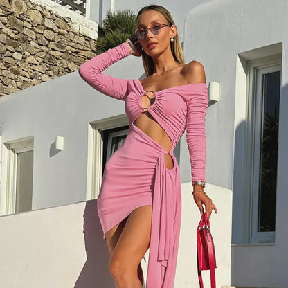 Off Shoulder O Ring Gathered Waist Side Cutout Asymmetric Hem Mini Dress