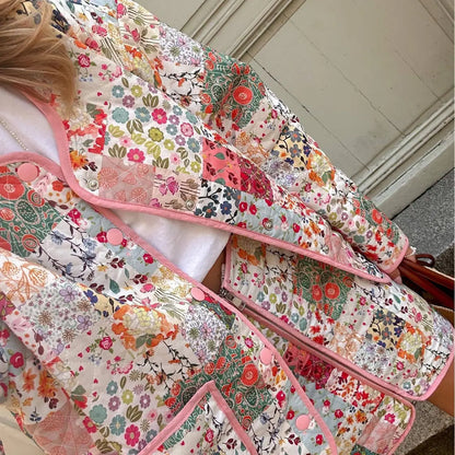 Ethnic Floral Print Parkas Coats for Women Casual O-neck Long Sleeve Winter Warm Quilted Coat 2 Piece Parkas Outwears