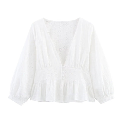 Women's commuting summer new fashion ethnic style hollow embroidery casual long-sleeved short shirt