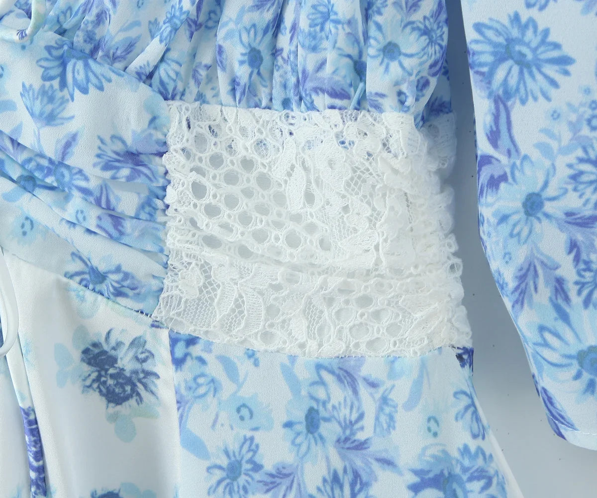 Summer Women Blue Floral Print A-line Mini Dresses Sexy Backless V Neck Lace Spliced Boho Dresses Female Holiday Robe New 2025