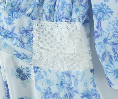 Summer Women Blue Floral Print A-line Mini Dresses Sexy Backless V Neck Lace Spliced Boho Dresses Female Holiday Robe New 2025