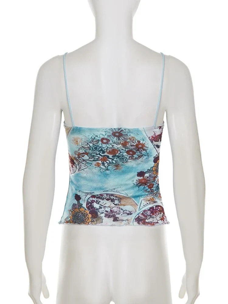 New Summer Women's Cami Sexy Floral Printed V Neck Lace Splicing Tank Slim Fit Casual Beach Holiday Sleeveless Top