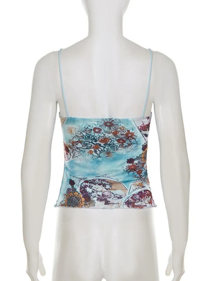New Summer Women's Cami Sexy Floral Printed V Neck Lace Splicing Tank Slim Fit Casual Beach Holiday Sleeveless Top