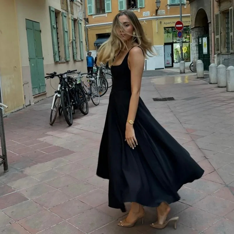 Square Neck Sleeveless A Line Fit and Flare Midi Dress