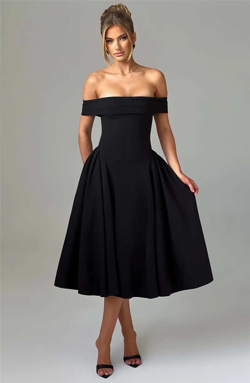 Off-Shoulder Folded Band Box Pleat Flare Midi Dress