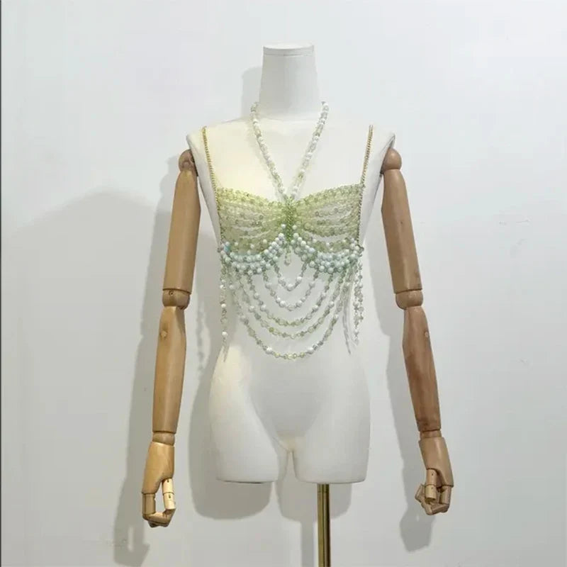 NEW Handmade color matching beads irregular shape chest wrap hollow backless tassel top sexy women beach camping vacation