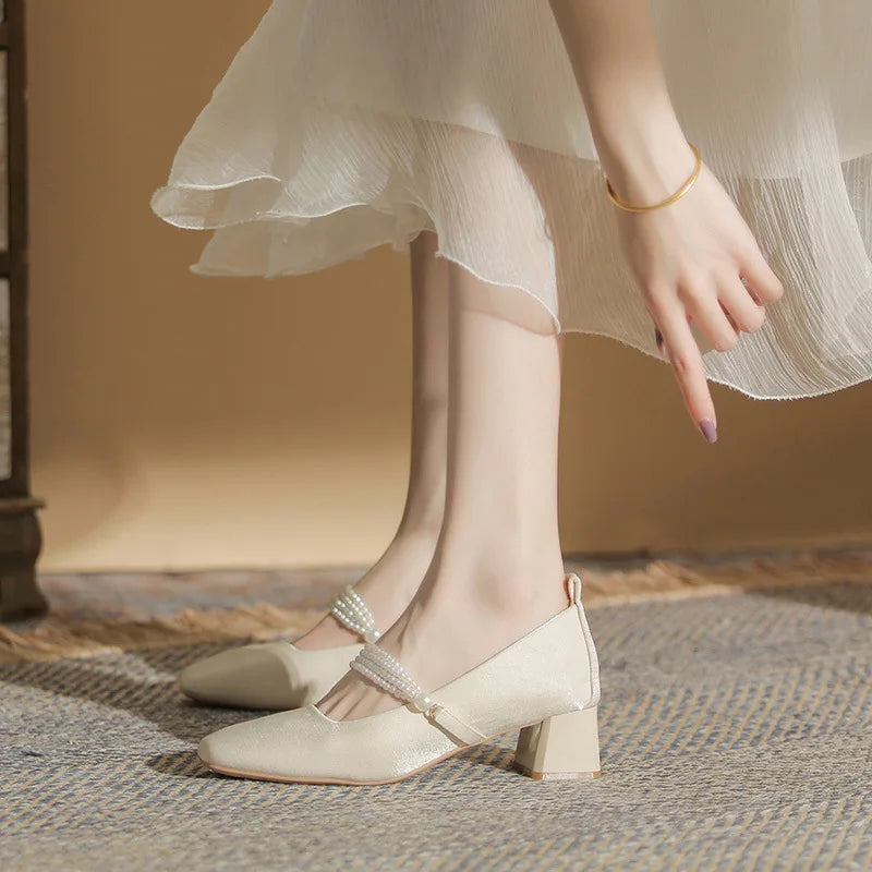 Velvet Shoes Med Square Toe Block Heels High Heeled Sandals Woman Mary Jane Espadrilles Platform Suede Medium Wedding Chunk