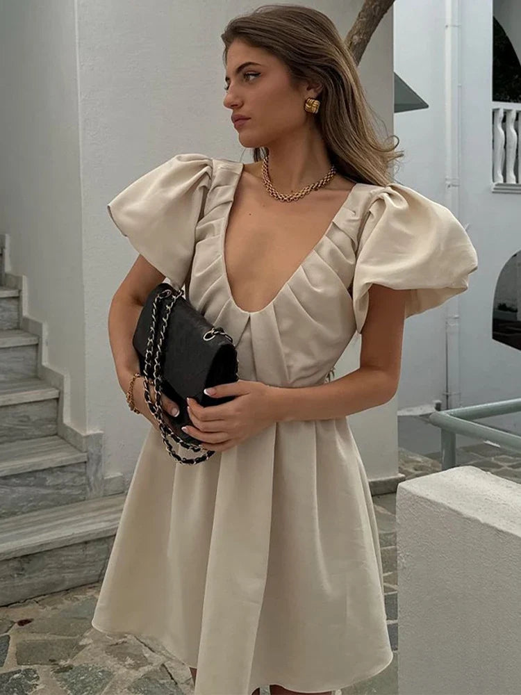 Sweet Solid Puff Short Sleeve Women Mini Dress Elegant V-neck Backless Pleated A-line Dresses 2024 Summer Lady Party Club Robes