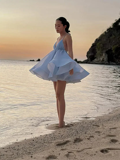 summer women V Neck Solid Mesh Sling Dress Loose Hem Backless A Line Short Dresses 2024 Summer chic Lady Vacation Beach Robes