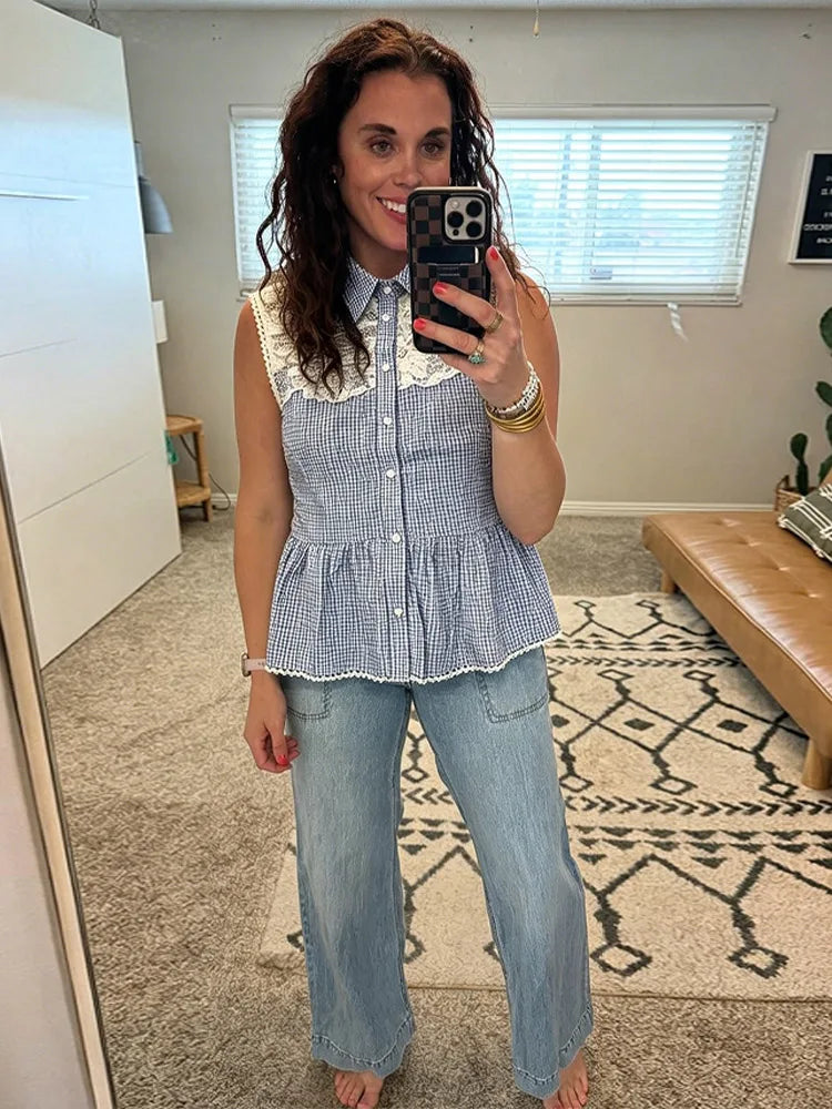Gingham Lace Collar Sleeveless Peplum Blouse Collared Peplum Gingham Summer Chic Sweet Women Casual Preppy Casual Top
