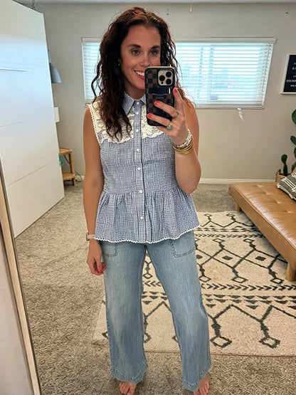 Gingham Lace Collar Sleeveless Peplum Blouse Collared Peplum Gingham Summer Chic Sweet Women Casual Preppy Casual Top