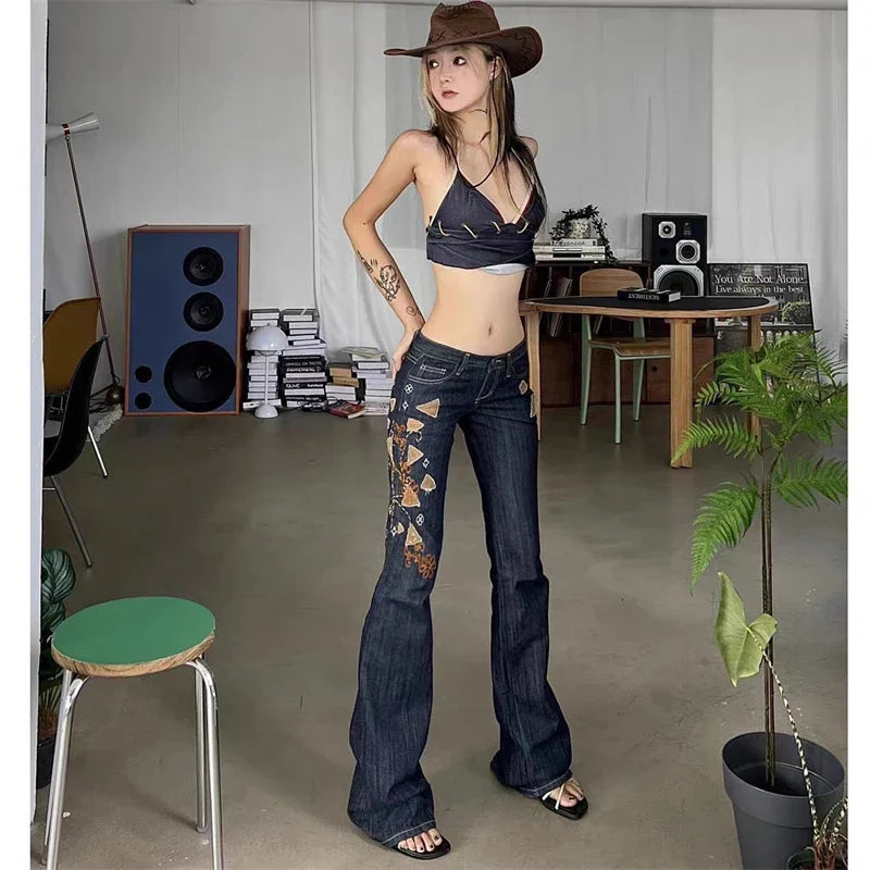 Women's Embroidery Low Waisted Micro Flared Jeans Summer New Casual Slim Denim Narrow Pants Female Sexy Bell-bottoms Trousers
