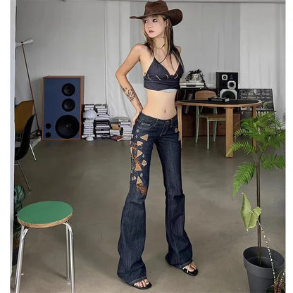 Women's Embroidery Low Waisted Micro Flared Jeans Summer New Casual Slim Denim Narrow Pants Female Sexy Bell-bottoms Trousers
