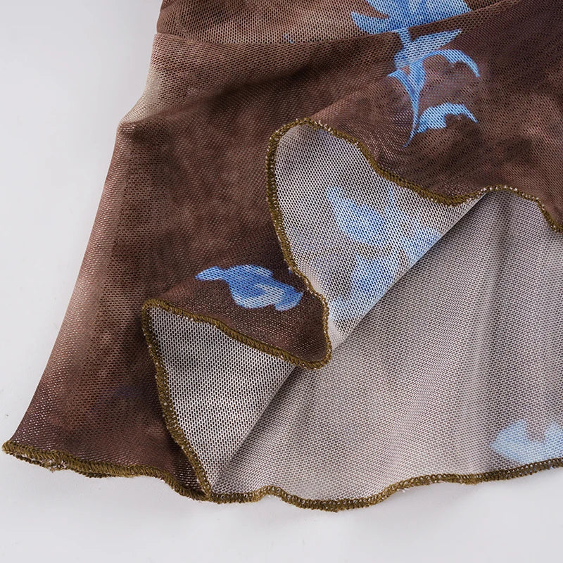Women Vintage Brown Floral Print Midi Skirt High Waist Ruched Front Ruffle Hem Mermaid Skirt Elegant Slim Bodycon Mesh Mid Skirt