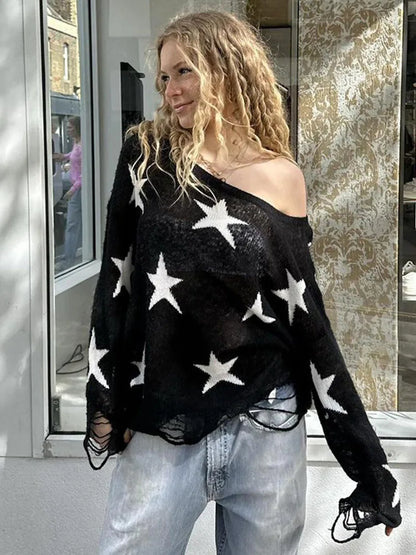 Street Stars Printed irregular Wide Collar Sweater Hot Girl Loose Thin Ripped Knit Sexy See Through Pullovers Long Sleeve