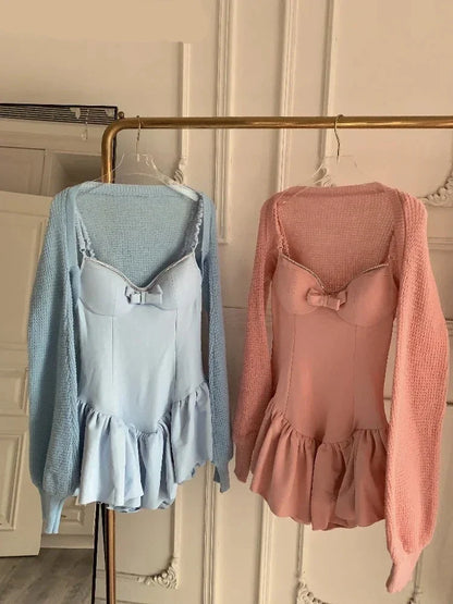 Strap Ballet Fishtail Dress Women Spring Summer New High Quality Bow Luxury Diamond Skirt+Hollow Cardigan Two-piece Set