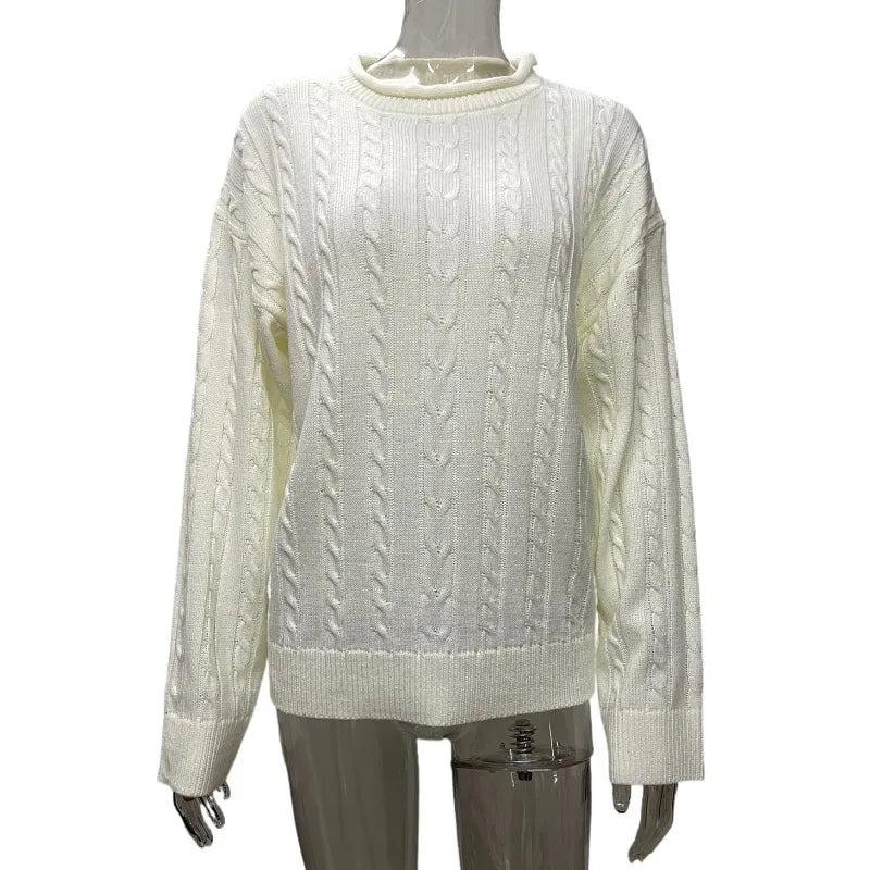 Casual Knitted Long Sleeve Sweaters Women Loose White Half High Neck Pullover Sweater Female Autumn Simple Chic High Street Tops