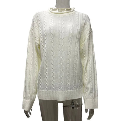 Casual Knitted Long Sleeve Sweaters Women Loose White Half High Neck Pullover Sweater Female Autumn Simple Chic High Street Tops