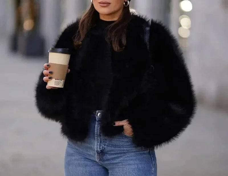 Fashion Faux Fur Jacket Coat Women Streetwear Warm Fluffy Solid Loose Long Sleeve V Neck Female Cardigan Winter Outwear