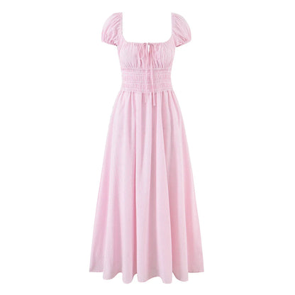 Rural Style Striped Dress New 2026 Women Pink Blue Puff Sleeve Casual Elegant Vacation Summer Dresses Midi Robe