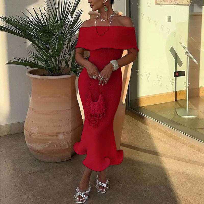 Off Shoulder Ruffle Bardot Mermaid Hem Bodycon Midi Dress