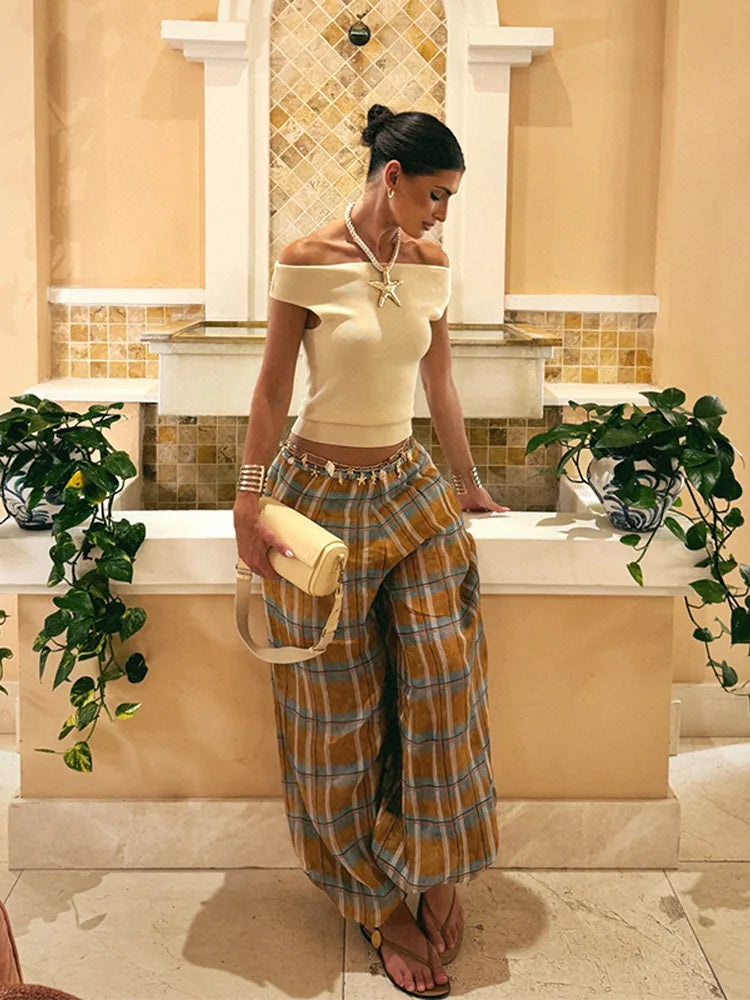 Retro Plaid Loose Jogger Pant Women Chic Casual Drawstring Long Pants Female 2025 Autumn Versatile Fashion Street Trousers