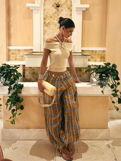 Retro Plaid Loose Jogger Pant Women Chic Casual Drawstring Long Pants Female 2025 Autumn Versatile Fashion Street Trousers