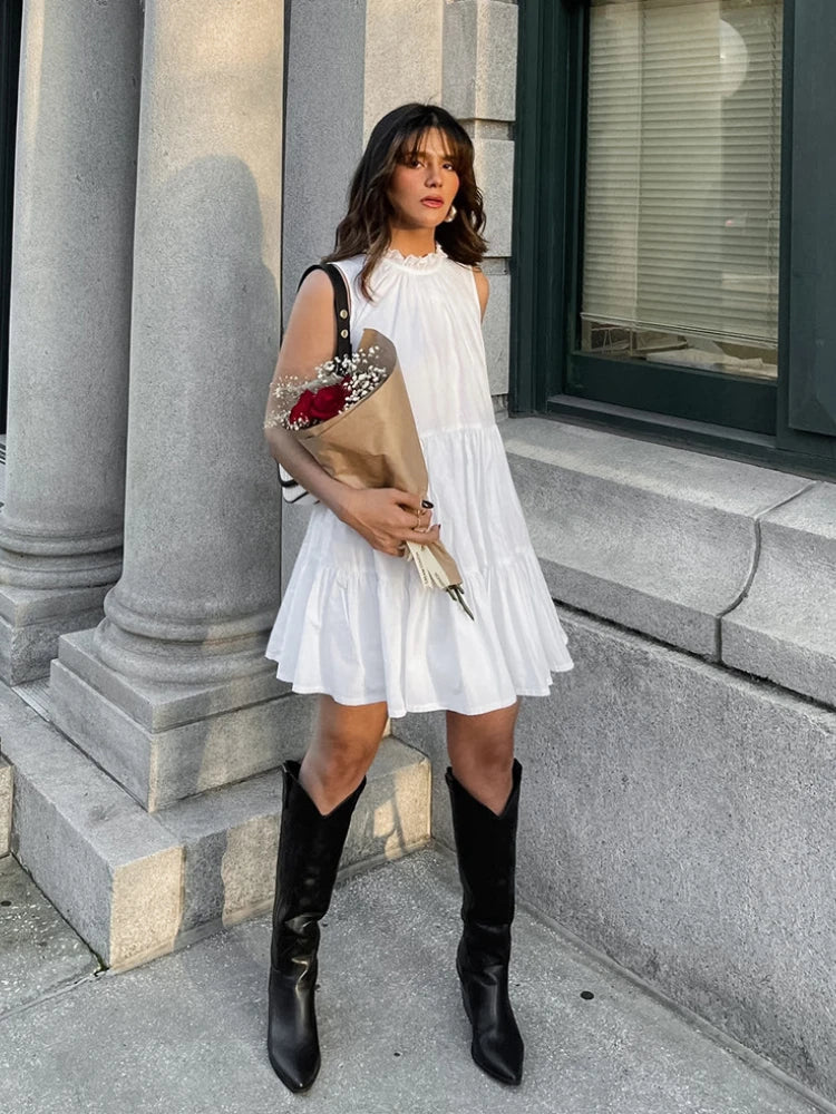 Summer Cotton A-line Loose Ruffles White Dress Women Casual O-neck Lace-up Sleeveless Mini Dress Female Holiday Party Dress 2025