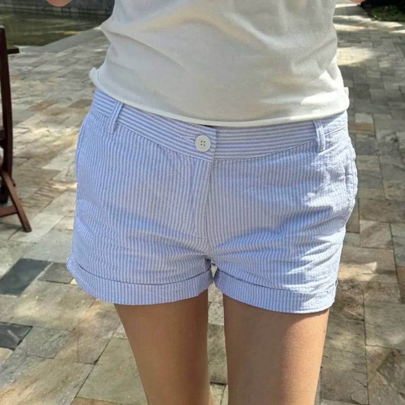 Roll-up Hem Striped Shorts Casual Basic Button-up High Waist Hot Pants Chic Elegant Slim-fitting Short Pants Streetwear
