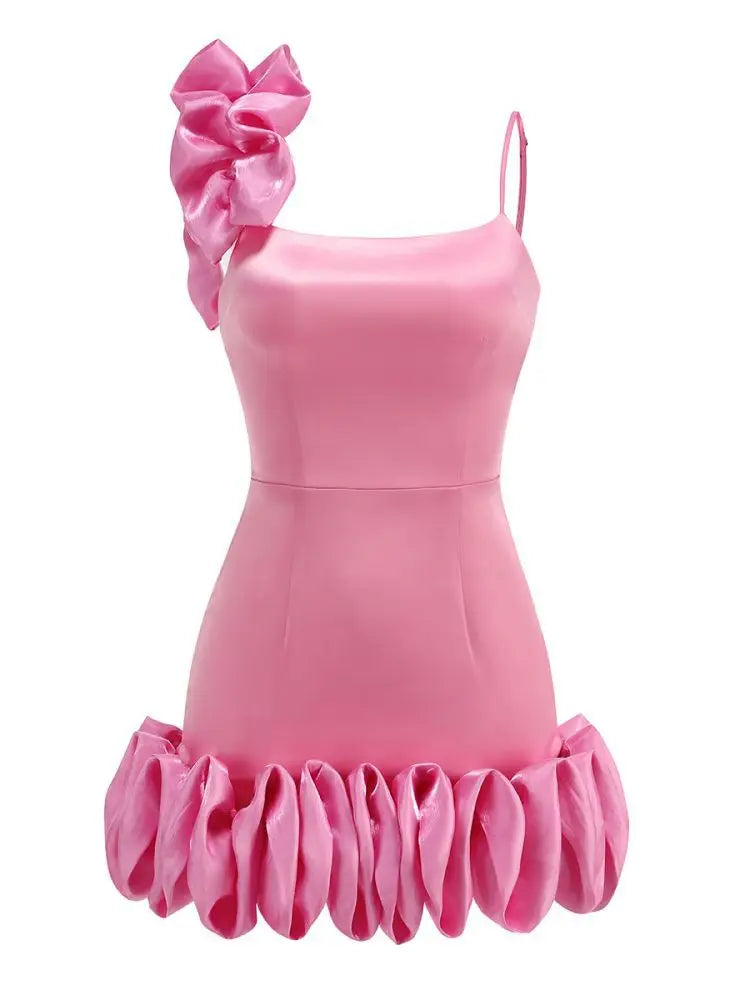 Square Neck One Shoulder Sculptural Ruffle Trim Flared Hem Mini Dress