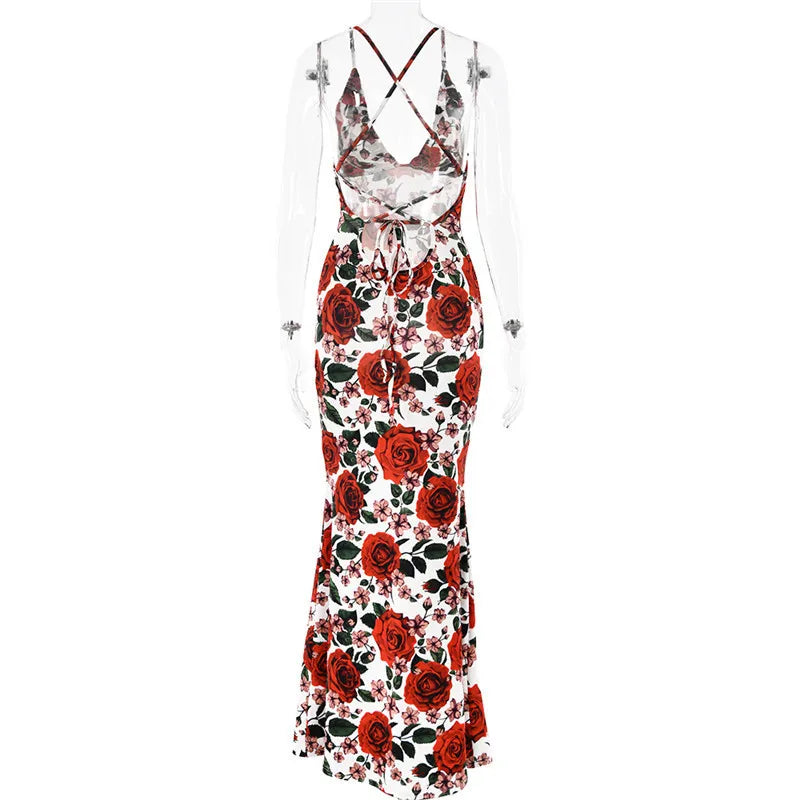 Floral Print Deep V Spaghetti Strap Bodycon Maxi Dress