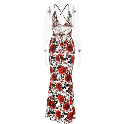 Floral Print Deep V Spaghetti Strap Bodycon Maxi Dress
