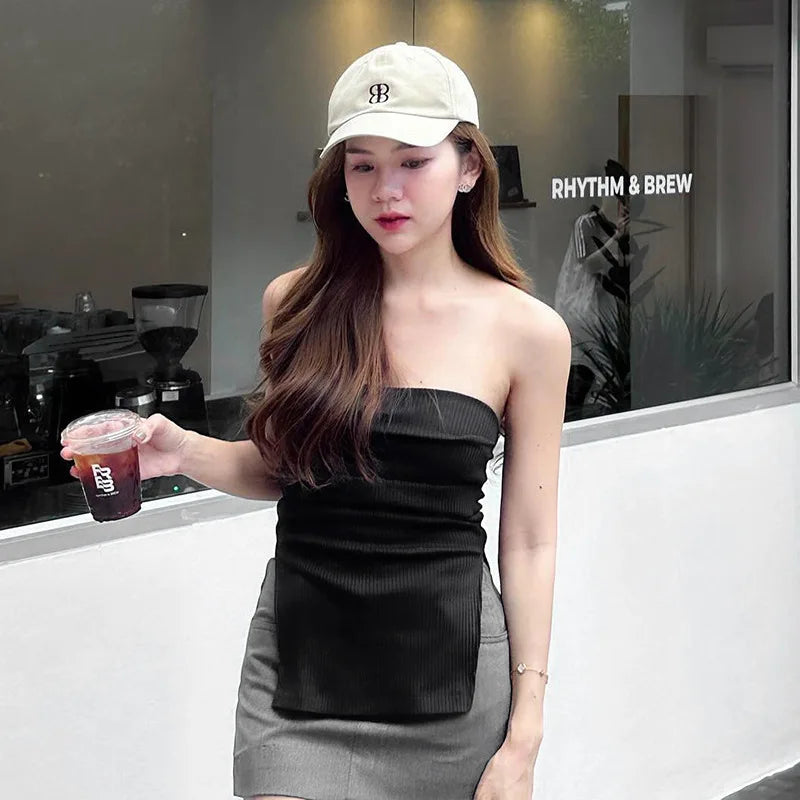 Knitted Strapless Long Split Top For Women Solid Color Sleeveless Backless Club Party Top Y2K Slim Fit Splice Crop Top