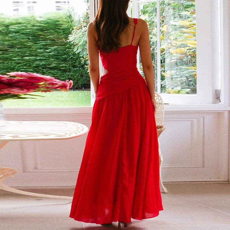Simple Solid Color Hollow Backless Women's Dress New Summer Casual Sleeveless Pleated Long Dress Fashion Lady V-neck Robe Dress