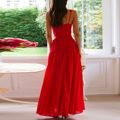 Simple Solid Color Hollow Backless Women's Dress New Summer Casual Sleeveless Pleated Long Dress Fashion Lady V-neck Robe Dress