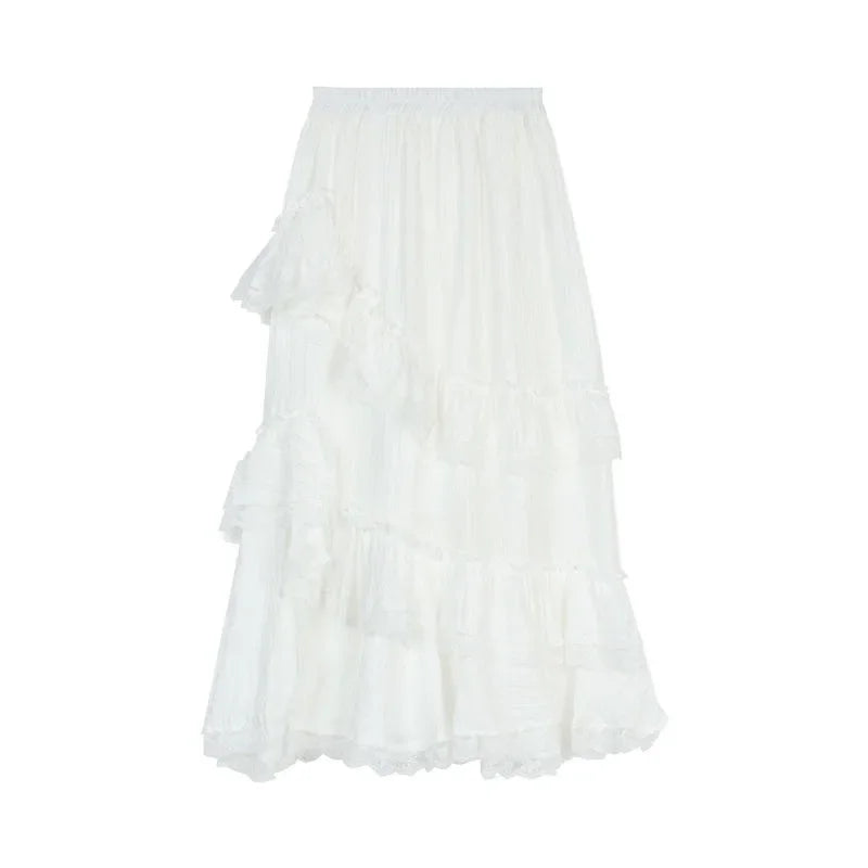 Women Skirts Irregular Lace Split Stretch High Waist Ruffles Spring Summer Sweet Fashion Casual Loose Long Skirt Female