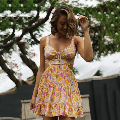 Sexy V Neck Floral Print Hollow Out A-Line Boho Summer Mini Dresses For Women Backless Lace Up Spaghetti Party Dress