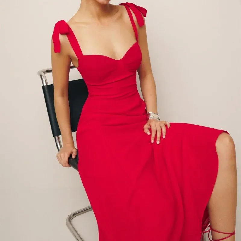 Sweetheart Bow Strap High Slit A-Line Midi Dress