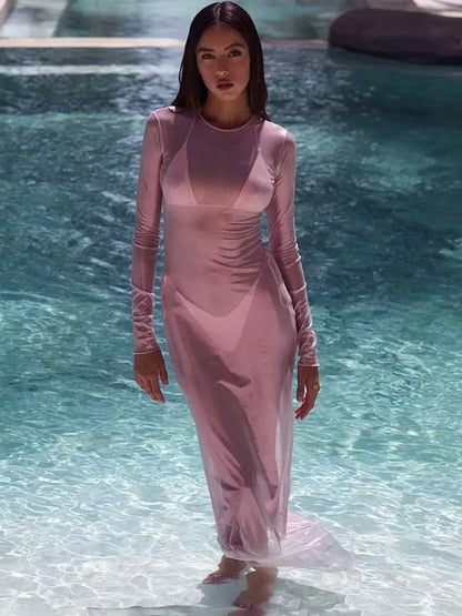 Crew Neck Sheer Mesh Shimmer Long Sleeve Bodycon Maxi Dress