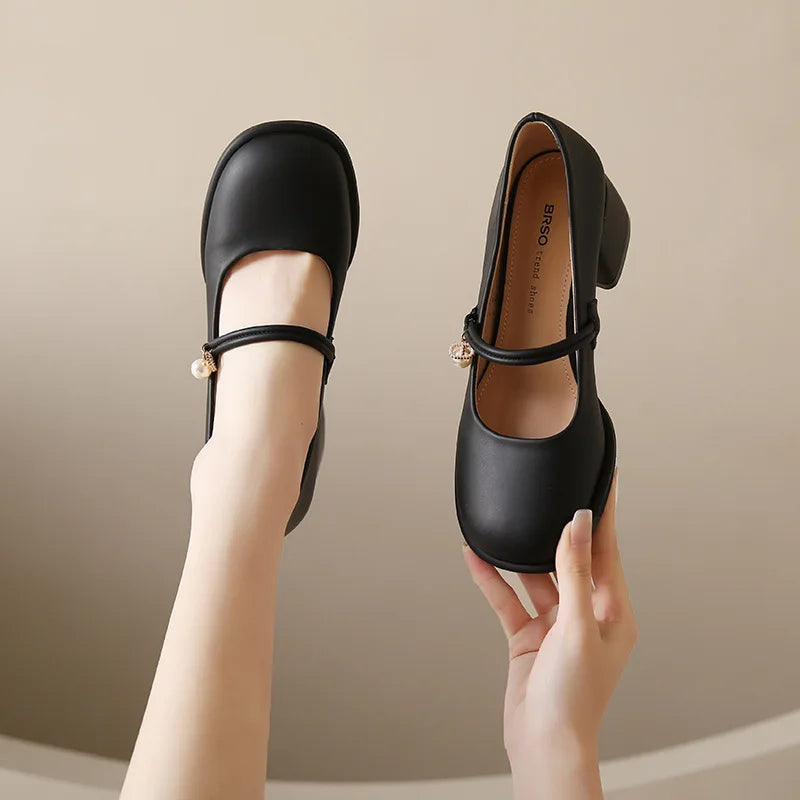 High Heel Leather Shoes Mary Jane Branded Pumps Chunky Sandals Shallow Mouth Clogs for Women Slip On Round Toe Latest Lolit
