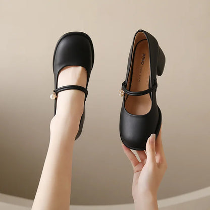 High Heel Leather Shoes Mary Jane Branded Pumps Chunky Sandals Shallow Mouth Clogs for Women Slip On Round Toe Latest Lolit